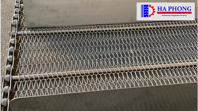 Băng Tải Lưới Inox EyeLink Cánh Biên Chạy Bằng Xích Inox Và Con Lăn Nhựa