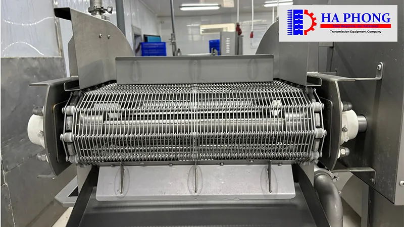 Băng Tải EyeLink Trong Ứng Dụng Hầm IQF Truyền Động Bằng Xích Biên Con Lăn