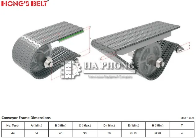 Băng tải nhựa Hong’s belt HS 4000A bước siêu nhỏ 5mm Thông số bánh nhông Hong's Belt HS-4000A 44 răng
