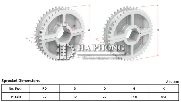 Băng tải nhựa Hong’s belt HS 4000A bước siêu nhỏ 5mm Bánh nhông Hong's Belt HS-4000A 44 răng loại ghép 2 mãnh
