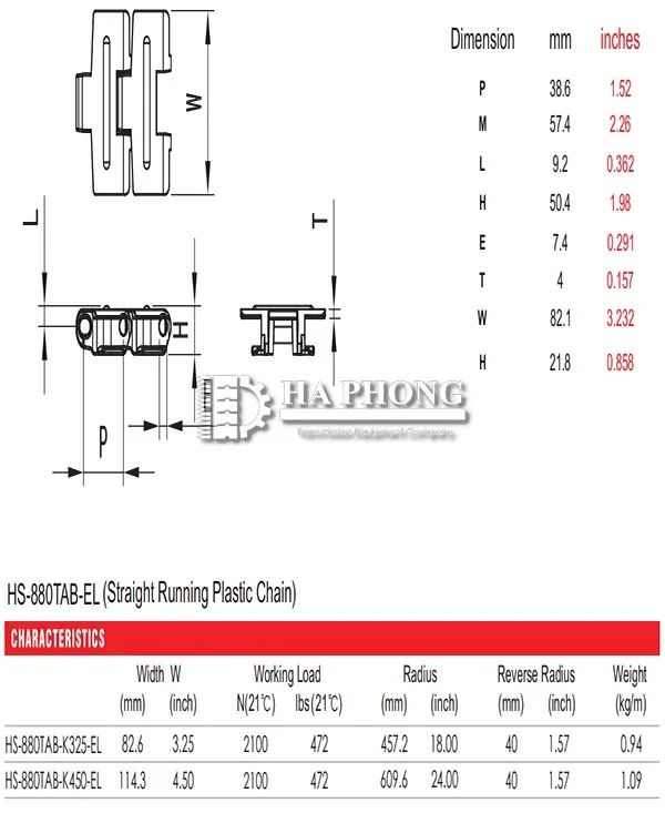 Xích nhựa 820/880 bề mặt cao su thông số HS-880TAB-EL Series