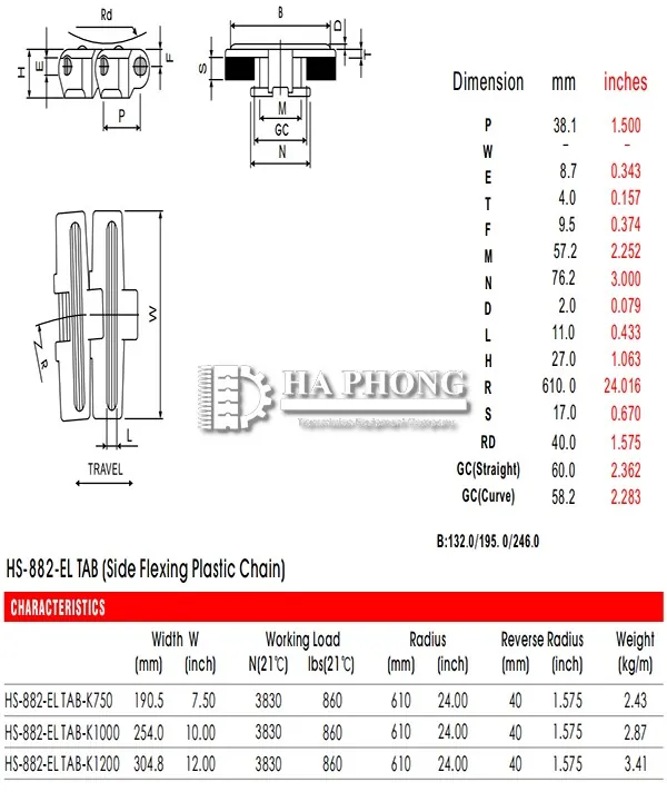 Xích nhựa 820/880 bề mặt cao su thông số HS-882EL TAB Series