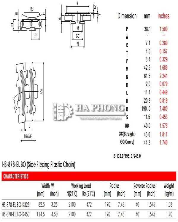 Xích nhựa 820/880 bề mặt cao su thông số kỹ thuật HS-878-EL BO Series