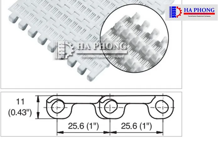 Băng tải nhựa habasit M2511 có bước 25.6mm và độ hở bề mặt 16%