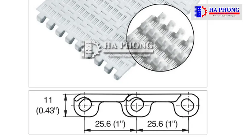 Băng tải nhựa habasit M2511 có bước 25.6mm và độ hở bề mặt 16%