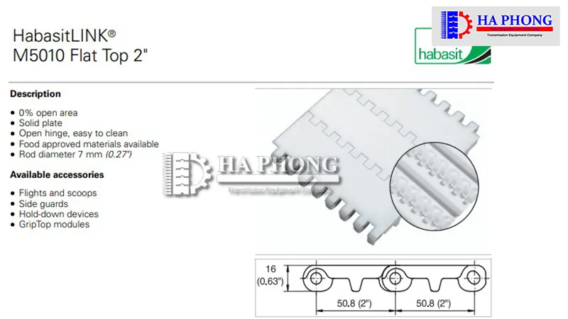 Thông số kỹ thuật Băng tải nhựa Habasit M5010