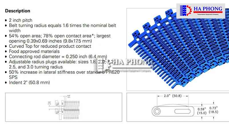 Băng tải nhựa Habasit PRSPS620 Thông số kỹ thuật của Băng tải nhựa Habasit PRSPS620